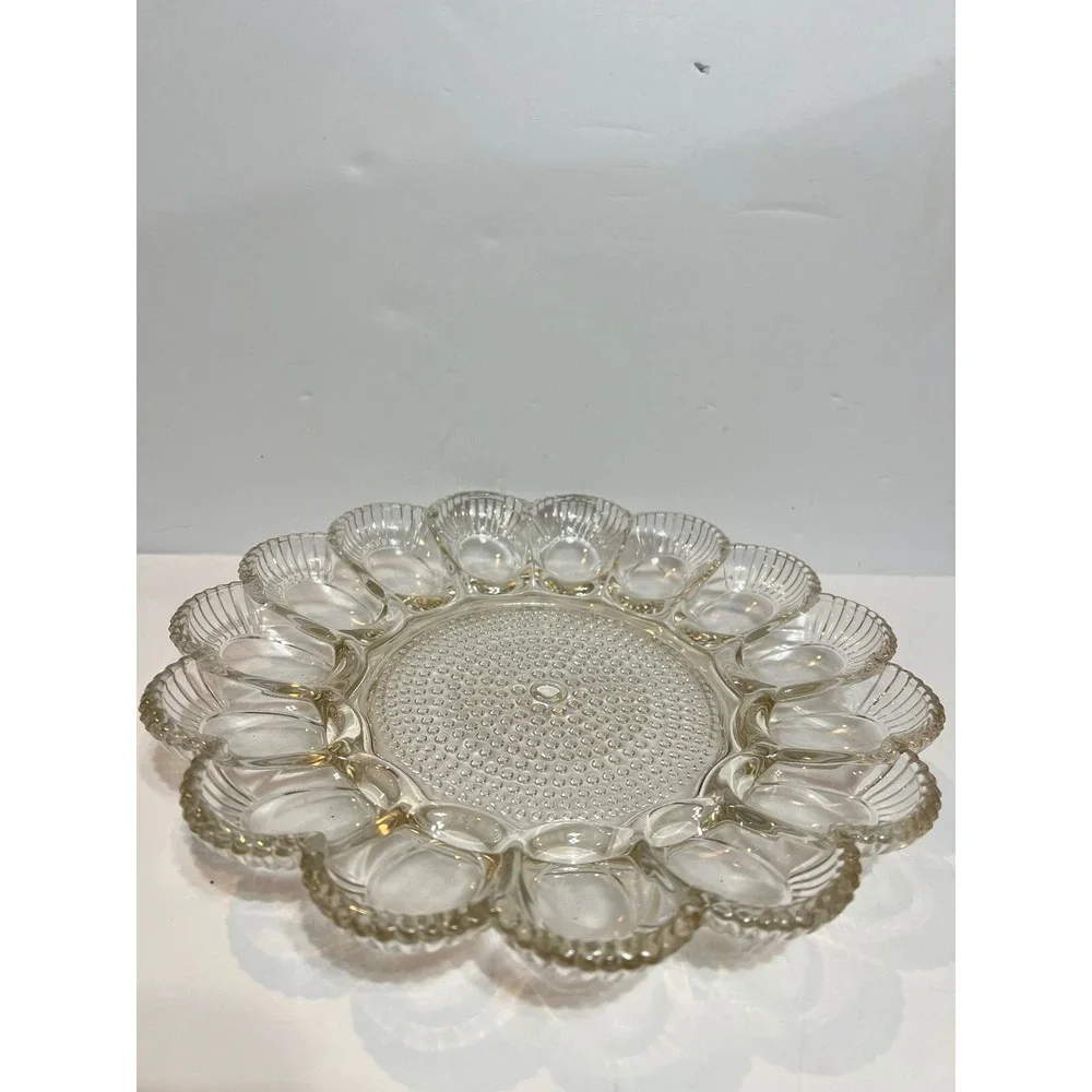 Indiana Glass Clear Deviled Egg Platter Scalloped Ribbed 15 Slot Hobnail Center